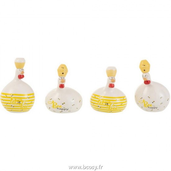 J-Line poules coqs poulets statuettes Jolipa J Line Jline Poule Bee Happy Honing Ceramique Blanc Jaune Small Assortimant De 4