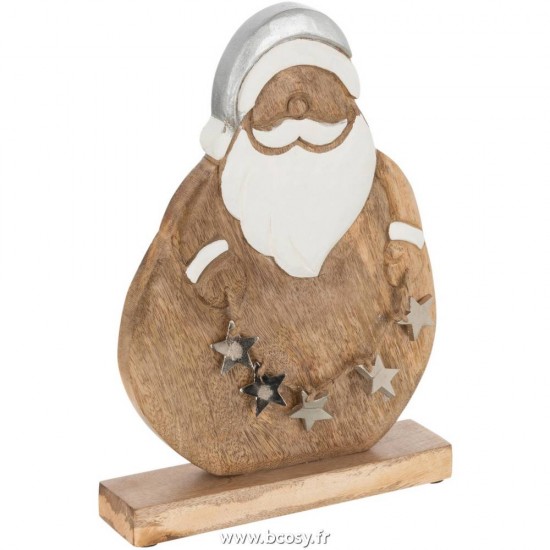 J Line Pere Noel + Etoiles Bois De Manguier Naturel Argent Large L23xB3xH30 cm Jline 15859 by Jolipa 15859