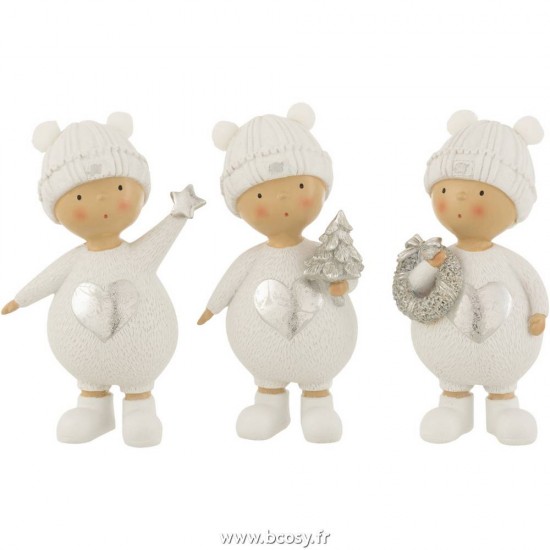 J Line Enfant Hiver Resine Blanc Argent Large L10xB6xH17 cm Jline 16941 by Jolipa 16941 Assortiment de 3 pcs