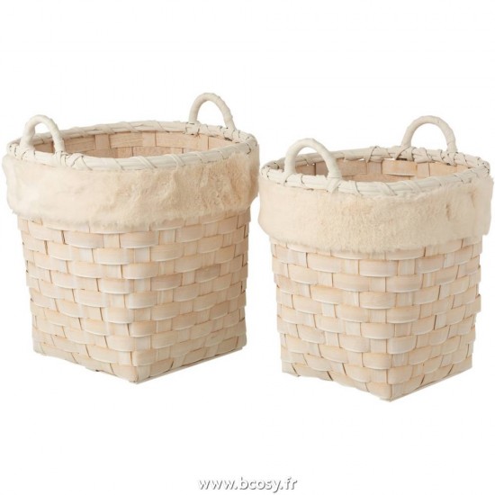 J Line Set De 2 Panier Rond + Anses Imitation Fourrure Amovible Rotin Plat Naturel White Wash L40xB40xH38 cm Jline 17672 by Jolipa 17672