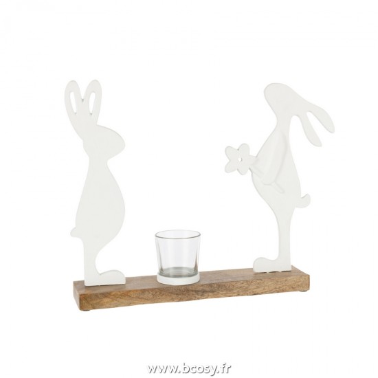 J Line Photophore Lapins Bois de Manguier Metal Blanc Naturel L37xB3xH29 cm Jline 20932 by Jolipa 20932