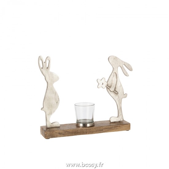 J Line Photophore Lapins Bois de Manguier Metal Argent Naturel L30xB3xH23 cm Jline 20941 by Jolipa 20941