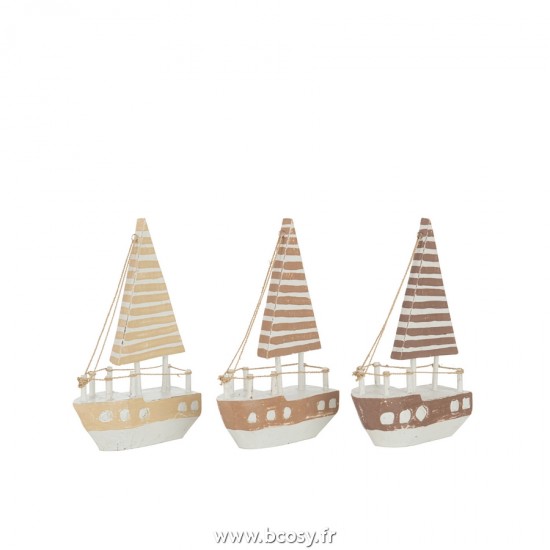 J Line Bateau decoratif Alabasia Bois Marron Blanc Large L25xB6xH25 cm Jline 21037 by Jolipa 21037 Assortiment de 3 pcs