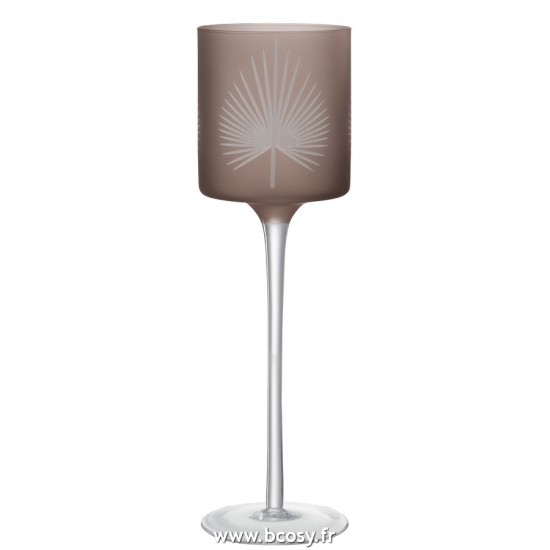 J Line Photophore Pied Feuilles de Palmier Verre Beige Large L9xB9xH30 cm Jline 21822 by Jolipa 21822