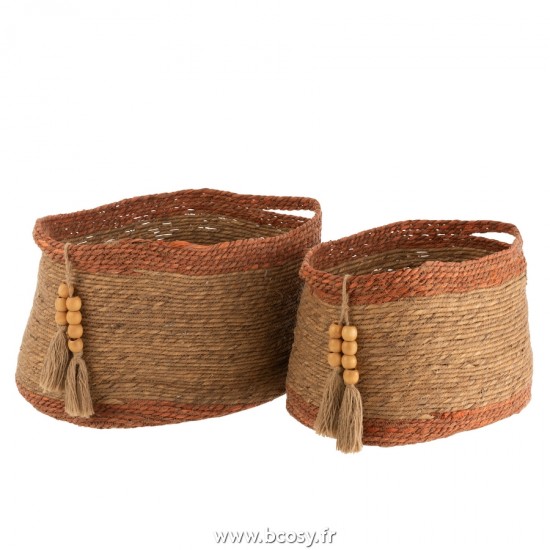 J Line Set de 2 Paniers Ovales Avec Perles Nature Brun L54xB39xH33 cm Jline 22171 by Jolipa 22171