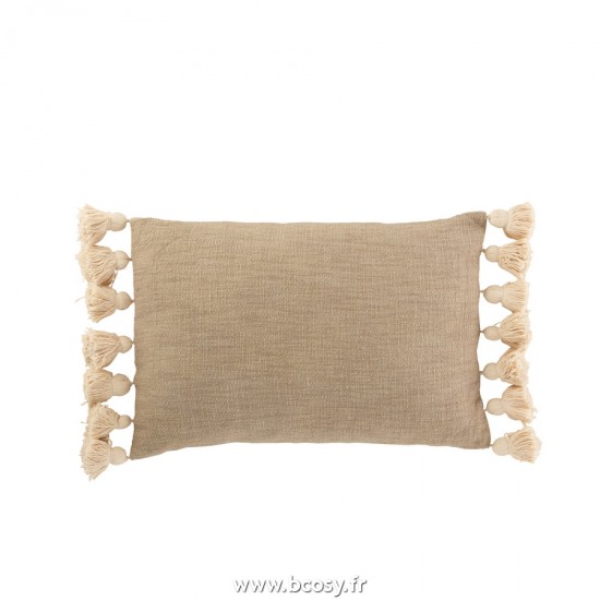 J Line Coussin Rectangle Pompon Coton Polyester Taupe L35xB50xH10 cm Jline 22821 by Jolipa 22821