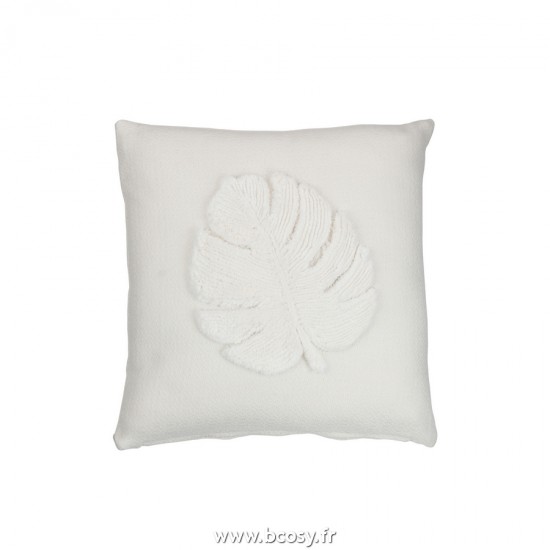 J Line Coussin Feuilles Carre Polyester Blanc L43xB43xH14 cm Jline 22938 by Jolipa 22938
