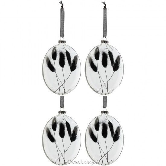 J Line Boite 4 Boules De Noel Oval Plat Fleur Sechee Noir Verre Transparent Large L4xB11xH16 cm Jline 27753 by Jolipa 27753