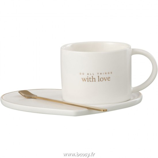 J Line Tasse + Soucoupe + Cuillere Coeur Porcelain Anglais Blanc L6xB6xH8 cm Jline 27901 by Jolipa 27901