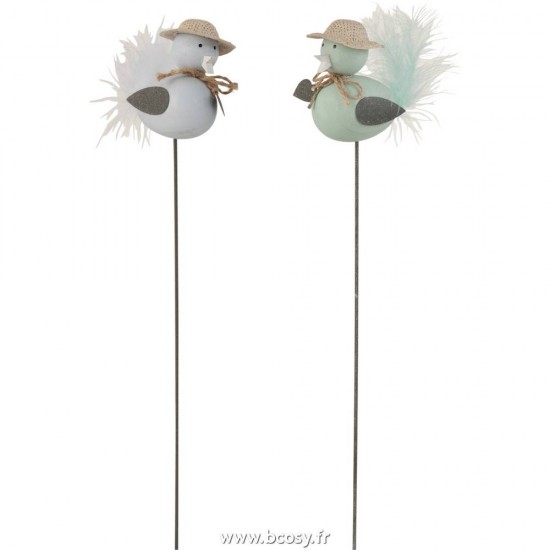 J-Line oiseaux sur pied statuettes Jolipa Jline Oiseau Baton Bois Metal Bleu Azur Assortiment De 2