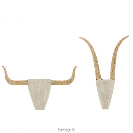 J Line Set De Deux Decorations Murales Taureaux Bois De Sapin Roseau Blanc Naturel L38xB65xH5 cm JLine 30457 by Jolipa 30457.