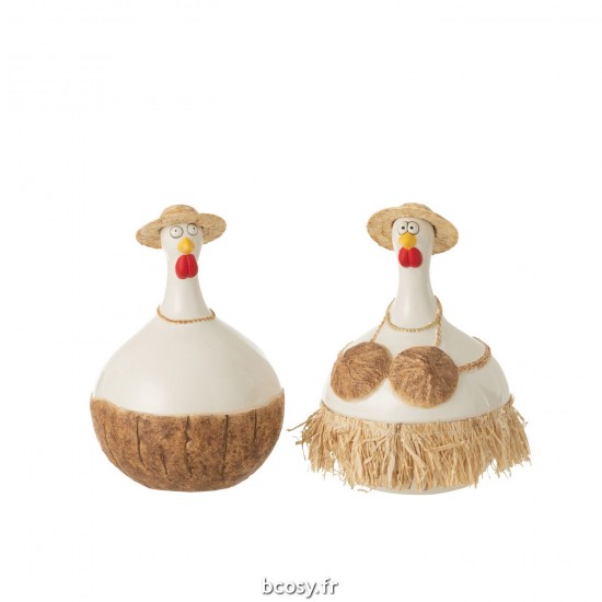 J Line Poules Noix De Coco Ceramique Blanc Naturel Large L16xB16xH23 cm JLine 33121 by Jolipa 33121 Assortiment de 2 pcs.