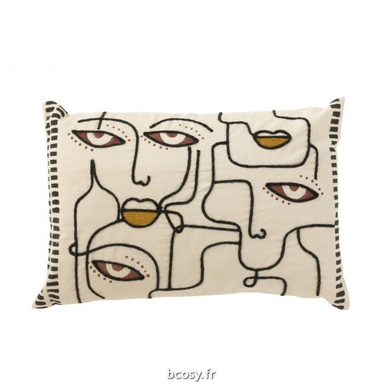 J Line Coussin Visages Coton Creme Marron Noir L68xB40xH12 cm JLine 33912 by Jolipa 33912.