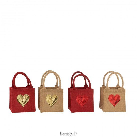 J Line Sac Coeur Sequin Jute Naturel Rouge JLine 36976 by Jolipa 36976 Assortiment de 4 pcs.