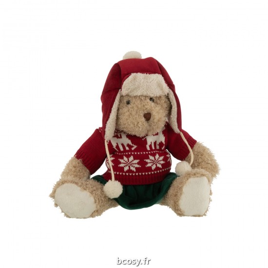 J Line Ours Fille Pull De Noel Bonnet Textile Beige Rouge Large JLine 37029 by Jolipa 37029.