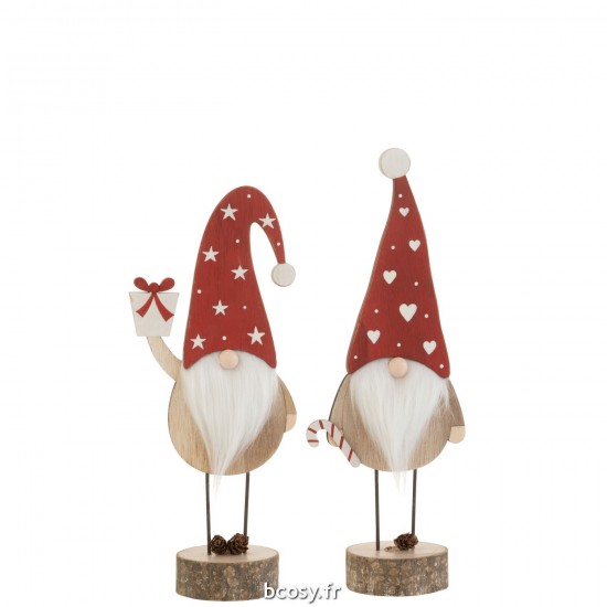 J Line Pere Noel Sur Pied Bonnet Coeur Etoile Bois Rouge Blanc Large JLine 37158 by Jolipa 37158 Assortiment de 2 pcs.