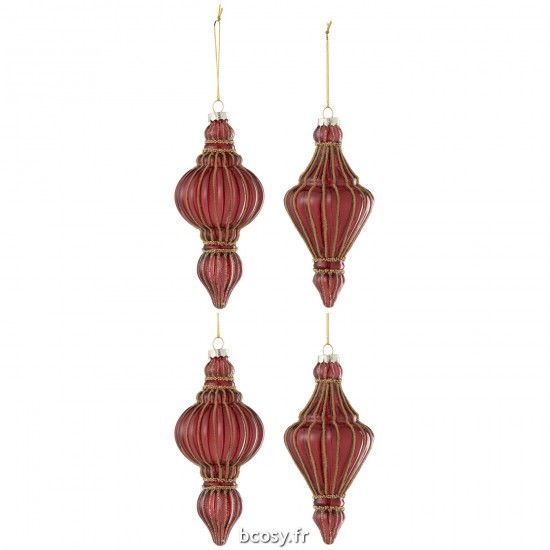 J-Line J Line boules de noel Jolipa Boite De 4 Boule De Noel 2 2 Goutte Ornement Verre Rouge Or.