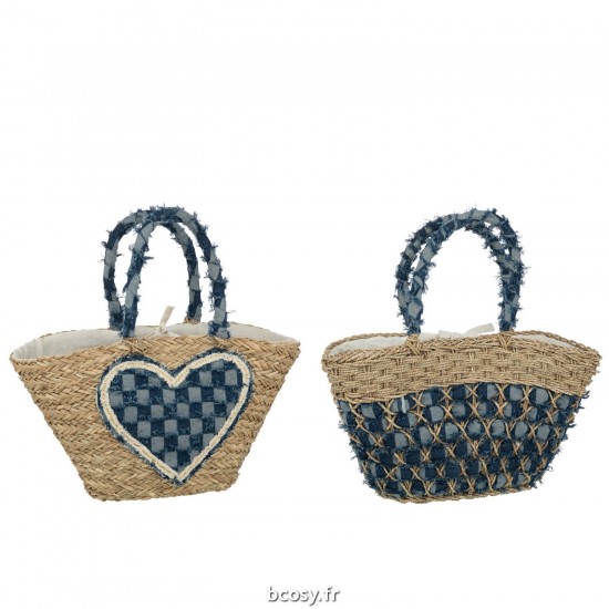 J Line Sac De Plage Coeur Motif Denim Jonc De Mer Nat Bleu JLine 41772 by Jolipa 41772 Assortiment de 2 pcs.