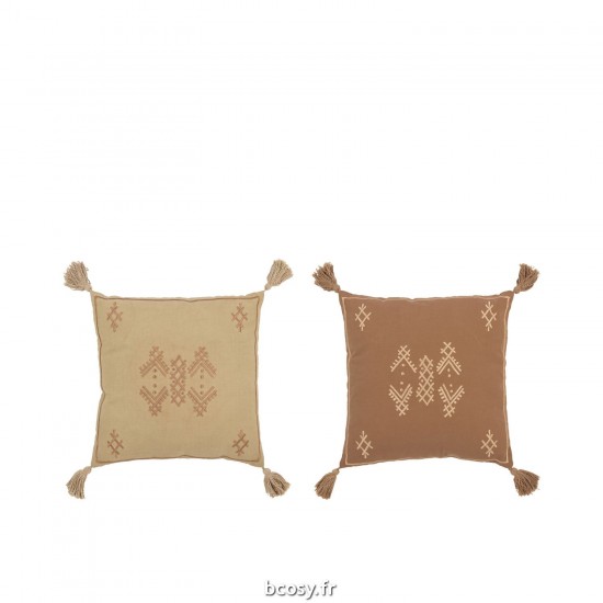 J Line Coussin Motifs Ethniques Floches Sable Marron Small JLine 41931 by Jolipa 41931 Assortiment de 2 pcs.