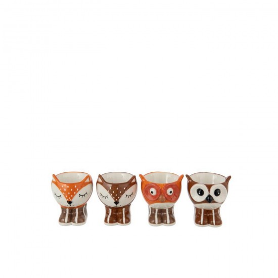 J-Line J Line série de vaisselle Jolipa Coquetier Renard Hibou Dolomite Marron Camel Assortiment De 4.