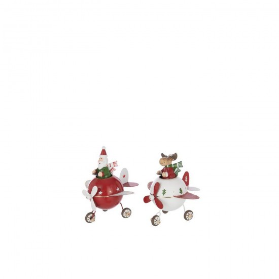 J-Line J Line peres noël Jolipa Renne Père Noël Dans Avion Métal Rouge Noël Blanc Small Assortiment De 2.