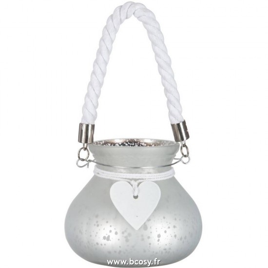 J Line Photophore romantique de la Saint Valentin en verre argenté avec coeur et corde blanche et argent Ø15 Jline 58476 by Jolipa 58476