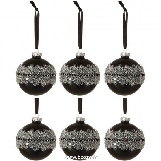J-Line boules de noel Jolipa Jline Boite De 6 Boules De Noel Glace Diamant Lignes Verre Mat Noir Small