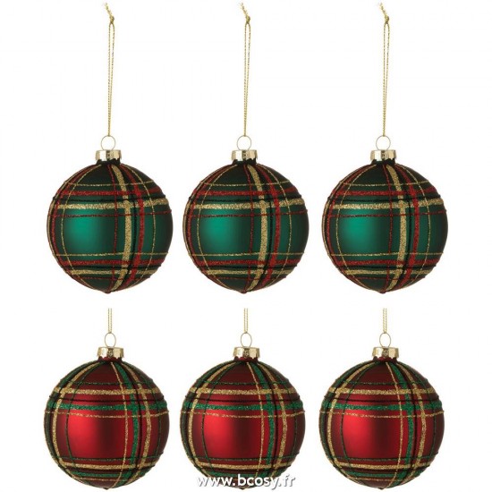 J-Line boules de noel Jolipa Jline Boite De 6 Boules De Noel Quadrille Verre 3 Rouge 3 Verte Small