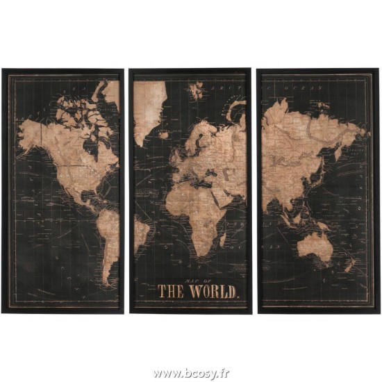 J-Line J Line Triptyque mappemonde en bois noir et marron Wereldkaart wanddecoratie panelen 3 luik cartes universelles Jolipa.