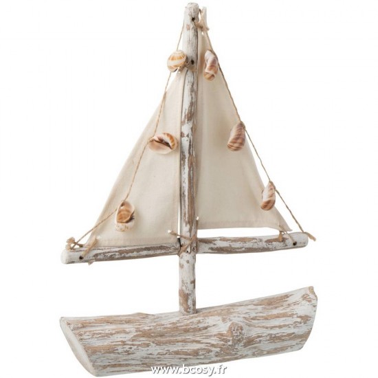 J-Line bateaux statuettes Jolipa Jline Bateau Voiles Coquillages Branches Bois De Sapin Blanc Wash Small