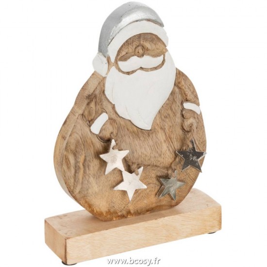J Line Pere Noel + Etoiles Bois De Manguier Naturel Argent Small L15xB3xH20 cm Jline 15858 by Jolipa 15858