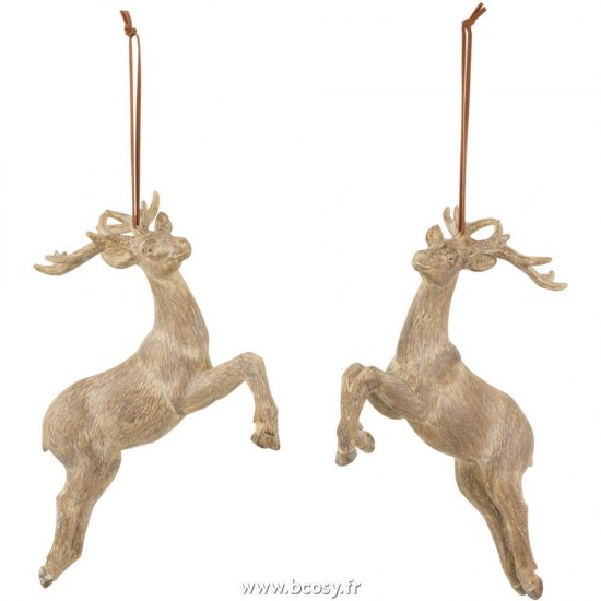 J Line Renne Suspendu Resine Marron Clair L18xB9xH17 cm Jline 16437 by Jolipa 16437 Assortiment de 2 pcs