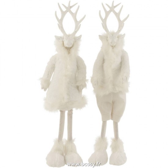 J Line Renne Hiver Resine Textile Blanc Small L17xB14xH77 cm Jline 16935 by Jolipa 16935 Assortiment de 2 pcs