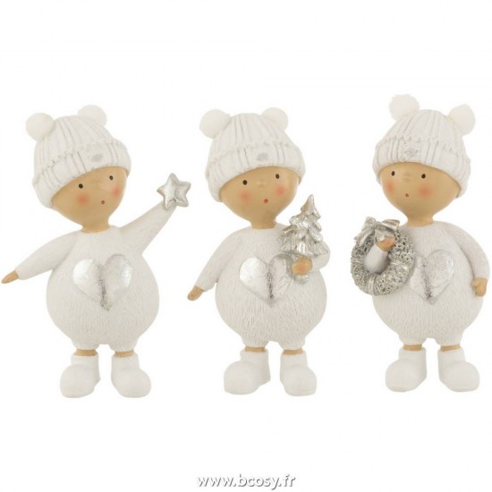 J Line Enfant Hiver Resine Blanc Argent Small L9xB4xH12 cm Jline 16940 by Jolipa 16940 Assortiment de 3 pcs