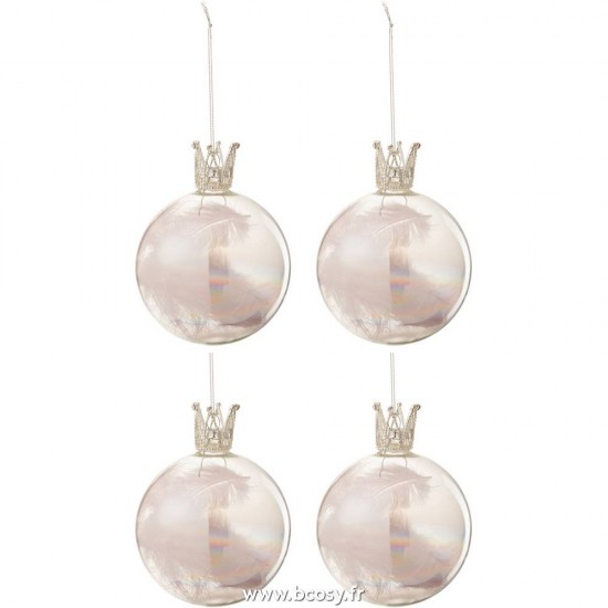 J Line Boite De 4 Boule De Noel Couronne Plume Rose Verre Transparent Medium L10xB10xH10 cm Jline 17458 by Jolipa 17458