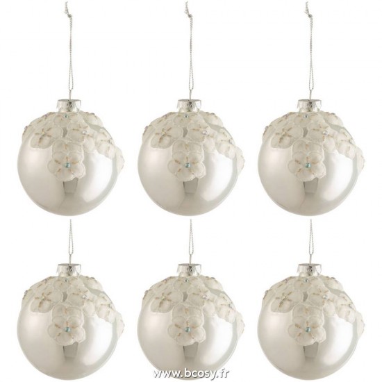 J Line Boite De 6 Boule De Noel Fleurs Verre Brillant Argent Small L8xB8xH8 cm Jline 17461 by Jolipa 17461