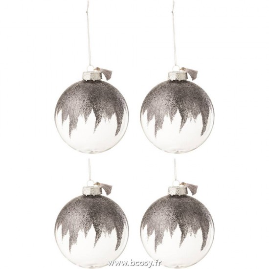 J Line Boite De 4 Boules De Noel Paillettes Mini Floches Gris Verre Transparent Medium L10xB10xH10 cm Jline 17464 by Jolipa 17464