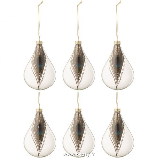 J Line Boite De 6 Boules De Noel Goutte Plumes De Paon Verre Transparent Small L7xB7xH11 cm Jline 17466 by Jolipa 17466