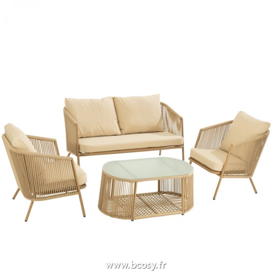 J Line Set Eli 4 Pieces Sofas Table Coussins Metal Corde Beige L142xB82xH86 cm Jline 20708 by Jolipa 20708