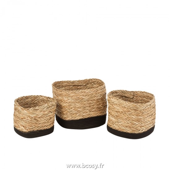 J-Line paniers de rangement Jolipa J Line Jline Set De 3 Paniers Carrés Herbe Coton Naturel Noir