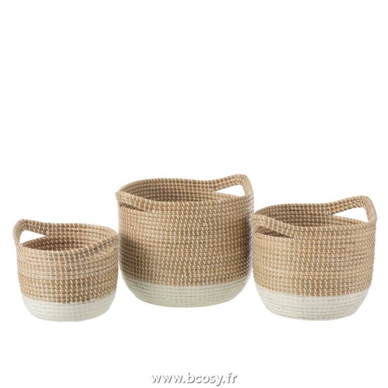 J-Line paniers de rangement Jolipa J Line Jline Set De 3 Paniers Ronds Zostere Naturel Blanc