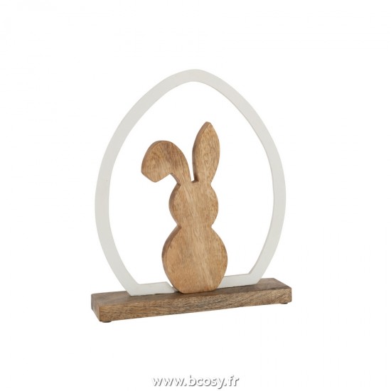 J Line Lapin Silhouette Oeuf Bois de Manguier Metal Blanc Naturel L32xB3xH26 cm Jline 20934 by Jolipa 20934
