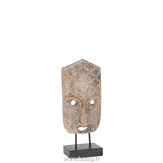 J Line Masque Primitif Sur Pied Alabasia En Bois Marron Blanc Small L20xB10xH40 cm Jline 21029 by Jolipa 21029
