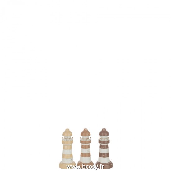 J Line Phare Alabasia Bois Marron Blanc Small L7xB7xH15 cm Jline 21038 by Jolipa 21038 Assortiment de 3 pcs