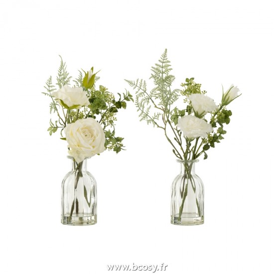J Line Bouquet Roses Eustomes Dans Vase Eau Artificielle Plastique Vert Blanc Large L18xB15xH33 cm Jline 22042 by Jolipa 22042 Assortiment de 2 pcs