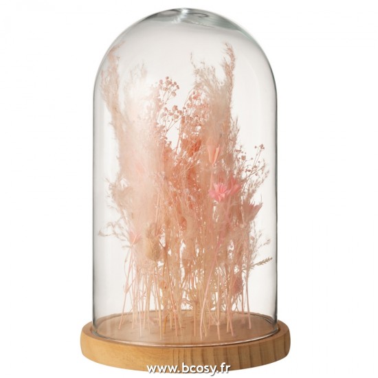 J-Line cloches cuvecles clochettes en verre statuettes Jolipa J Line Jline Cloche En Verre Sur Fleurs Sechées Rose Clair Verre Bois Large