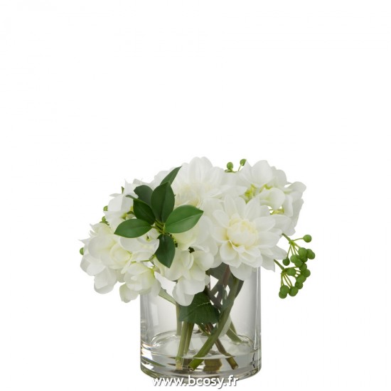 J Line Dahlia Hydrangea En Vase Plastique Verre Blanc L18xB18xH21 cm Jline 22404 by Jolipa 22404