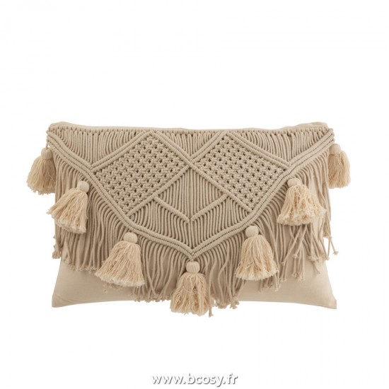 J-Line coussins Jolipa J Line Jline Coussin Pompom Macrame Rectangle Cotton Beige