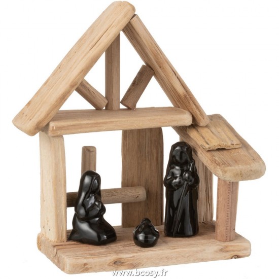 J Line Creche Maison Bois Ceramique Naturel Noir L17xB10xH20 cm Jline 25140 by Jolipa 25140