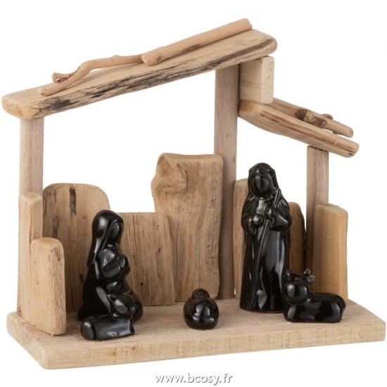 J Line Creche Toitures Pente Bois Ceramique Naturel Noir L24xB11xH19 cm Jline 25141 by Jolipa 25141